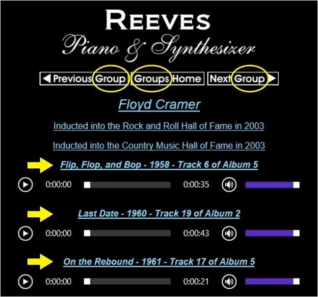 Screen capture showing typical group page and distinguishing characteristics as shown on the Reeves Motal Piano and Synthesizer Music Website 