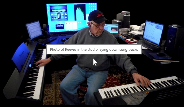 Screen capture showing photo of Reeves laying down song tracks in the studio with tool tip displayed as shown on the Reeves Motal Piano and Synthesizer Music Website